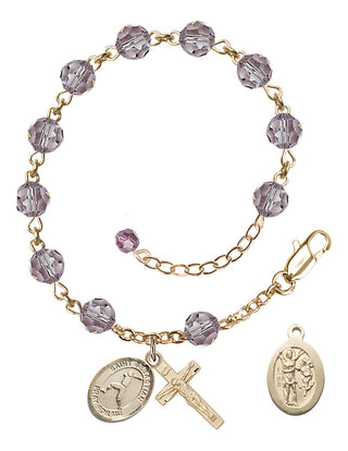 Adjustable 14 Karat Gold 6mm Austrian Crystal Saint Sebastian/Baseball Rosary Bracelet in Light Amethyst