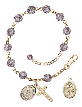 Adjustable 14 Karat Gold 6mm Austrian Crystal Saint Sebastian/Lacrosse Rosary Bracelet in Light Amethyst