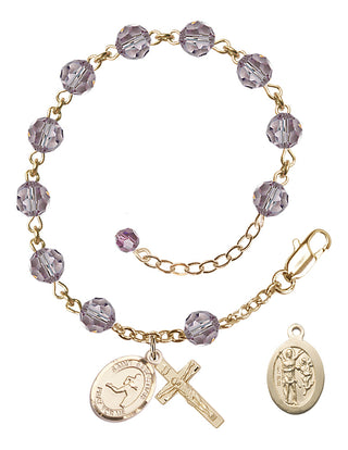 Adjustable 14 Karat Gold 6mm Austrian Crystal Saint Sebastian/Track & Field Rosary Bracelet in Light Amethyst