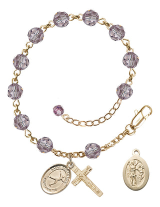 Adjustable 14 Karat Gold 6mm Austrian Crystal Saint Sebastian/Figure Skating Rosary Bracelet in Light Amethyst
