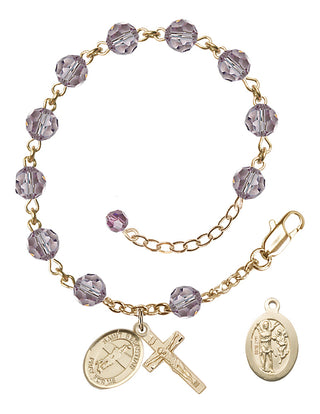 Adjustable 14 Karat Gold 6mm Austrian Crystal Saint Sebastian / Volleyball Rosary Bracelet in Light Amethyst
