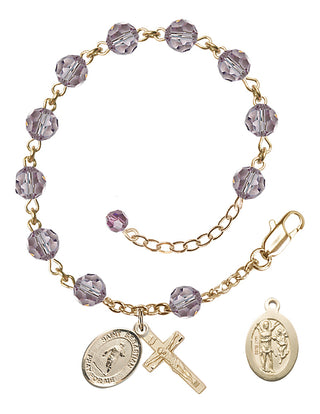 Adjustable 14 Karat Gold 6mm Austrian Crystal Saint Sebastian / Rugby Rosary Bracelet in Light Amethyst