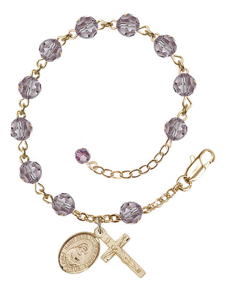 14kt Gold 6mm Austrian Crystal Saint Bede the Venerable Rosary Bracelet in Light Amethyst Engraved Catholic Saint Jewelry