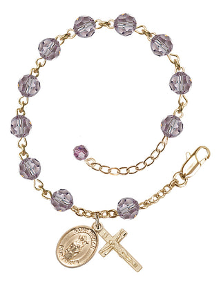 14kt Gold 6mm Austrian Crystal Saint Ronan Rosary Bracelet in Light Amethyst Engraved Catholic Saint Jewelry