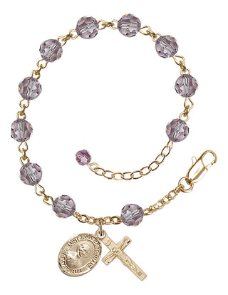 14kt Gold 6mm Austrian Crystal Saint John Berchmans Rosary Bracelet in Light Amethyst Engraved Catholic Saint Jewelry