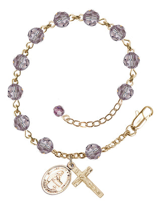 14kt Gold 6mm Austrian Crystal Bl. Emilee Doultremont Rosary Bracelet in Light Amethyst Engraved Catholic Saint Jewelry