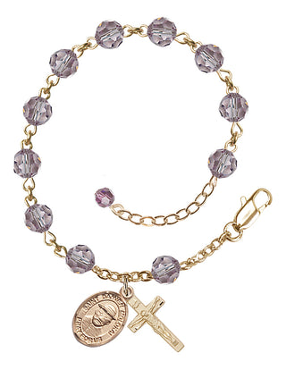 14kt Gold 6mm Austrian Crystal Saint Damien of Molokai Rosary Bracelet in Light Amethyst Engraved Catholic Saint Jewelry