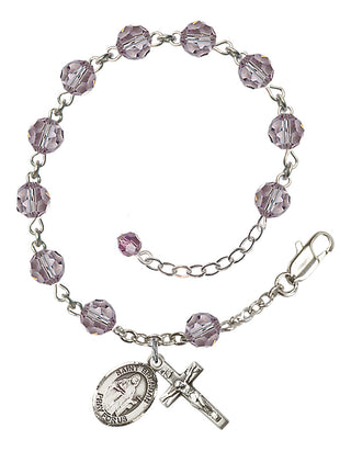 Sterling Silver 6mm Austrian Crystal Saint Brendan the Navigator Rosary Bracelet in Light Amethyst Engraved Catholic Saint Jewelry