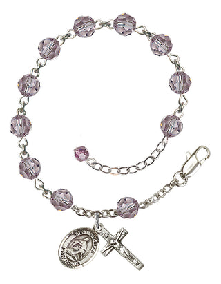 Sterling Silver 6mm Austrian Crystal Saint Charles Borromeo Rosary Bracelet in Light Amethyst Engraved Catholic Saint Jewelry