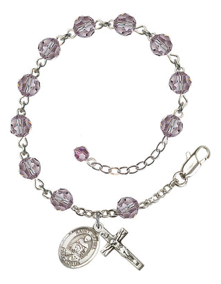Sterling Silver 6mm Austrian Crystal Saint Daniel Rosary Bracelet in Light Amethyst Engraved Catholic Saint Jewelry