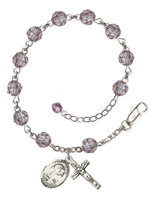 Sterling Silver 6mm Austrian Crystal Saint Elmo Rosary Bracelet in Light Amethyst Engraved Catholic Saint Jewelry