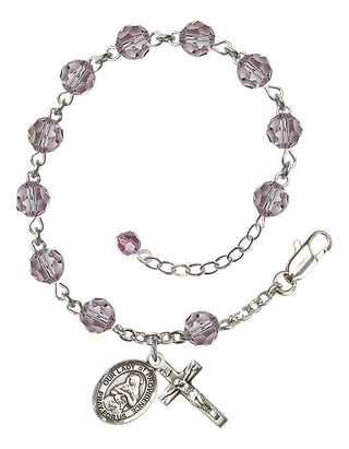 Sterling Silver 6mm Austrian Crystal Our Lady of Providence Rosary Bracelet in Light Amethyst Engraved Catholic Saint Jewelry
