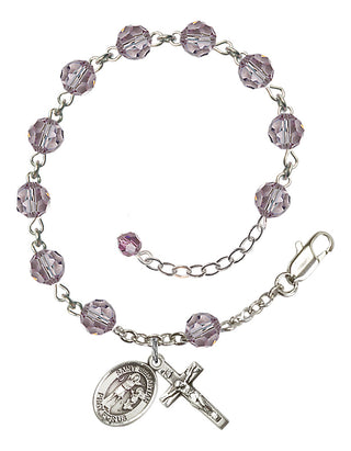 Sterling Silver 6mm Austrian Crystal Saint Sebastian Rosary Bracelet in Light Amethyst Engraved Catholic Saint Jewelry