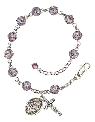 Sterling Silver 6mm Austrian Crystal Saints Cosmas & Damian Rosary Bracelet in Light Amethyst Engraved Catholic Saint Jewelry