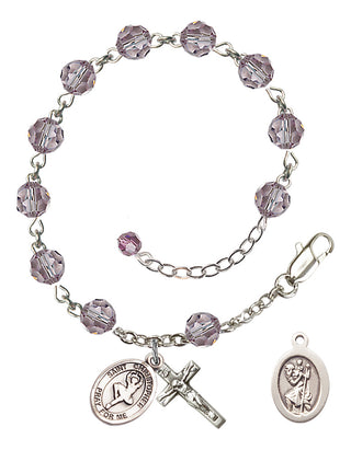 Sterling Silver 6mm Austrian Crystal Saint Christopher/Dance Rosary Bracelet in Light Amethyst Engraved Catholic Saint Jewelry