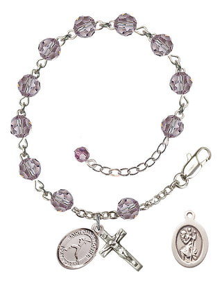 Adjustable Sterling Silver 6mm Austrian Crystal Saint Christopher/Softball Rosary Bracelet in Light Amethyst