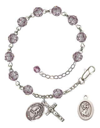 Sterling Silver 6mm Austrian Crystal Saint Christopher/Track & Field Rosary Bracelet in Light Amethyst Engraved Catholic Saint Jewelry