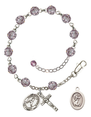 Adjustable Sterling Silver 6mm Austrian Crystal Saint Christopher/Baseball Rosary Bracelet in Light Amethyst