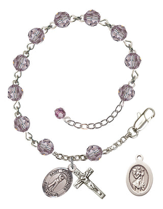 Adjustable Sterling Silver 6mm Austrian Crystal Saint Christopher/Golf Rosary Bracelet in Light Amethyst