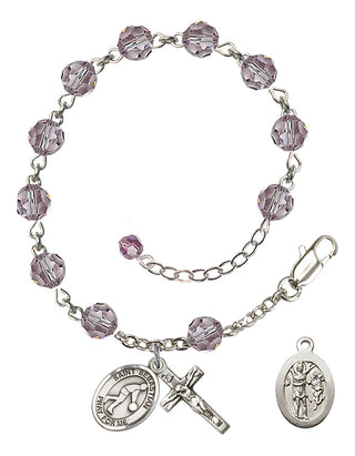 Adjustable Sterling Silver 6mm Austrian Crystal Saint Sebastian/Basketball Rosary Bracelet in Light Amethyst