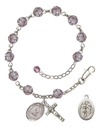 Adjustable Sterling Silver 6mm Austrian Crystal Saint Sebastian/Skiing Rosary Bracelet in Light Amethyst