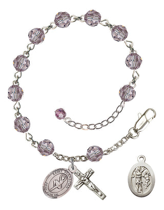 Sterling Silver 6mm Austrian Crystal Saint Sebastian/Dance Rosary Bracelet in Light Amethyst Engraved Catholic Saint Jewelry