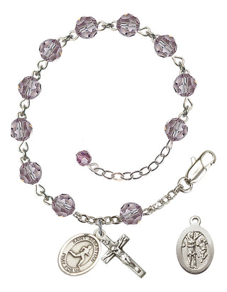 Adjustable Sterling Silver 6mm Austrian Crystal Saint Sebastian/Track & Field Rosary Bracelet in Light Amethyst