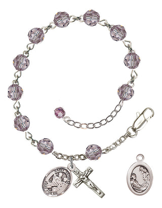 Sterling Silver 6mm Austrian Crystal Saint Cecilia / Marching Band Rosary Bracelet in Light Amethyst Engraved Catholic Saint Jewelry