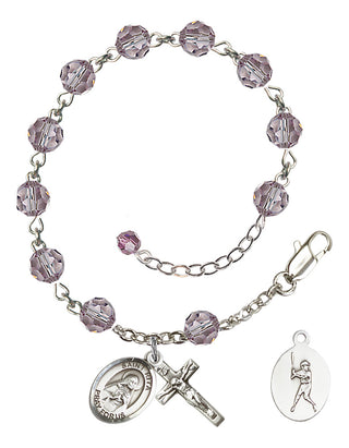 Adjustable Sterling Silver 6mm Austrian Crystal Saint Rita / Baseball Rosary Bracelet in Light Amethyst