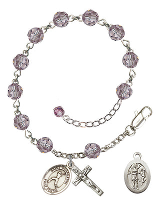 Sterling Silver 6mm Austrian Crystal Saint Sebastian/Softball Rosary Bracelet in Light Amethyst Engraved Catholic Saint Jewelry