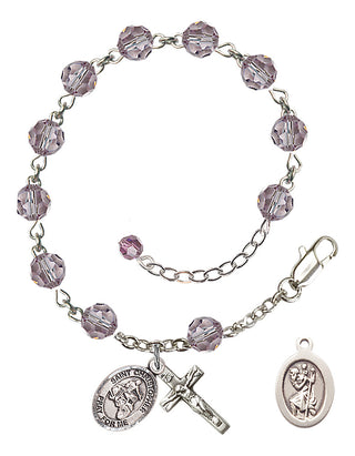Adjustable Sterling Silver 6mm Austrian Crystal Saint Christopher/Motorcycle Rosary Bracelet in Light Amethyst