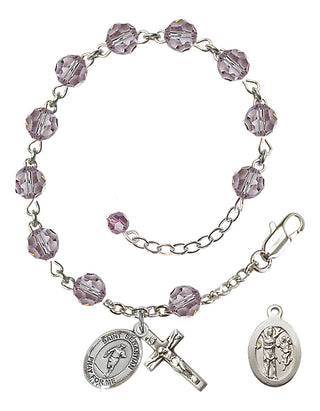 Adjustable Sterling Silver 6mm Austrian Crystal Saint Sebastian / Rugby Rosary Bracelet in Light Amethyst