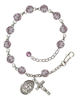 Sterling Silver 6mm Austrian Crystal Saint Elizabeth Ann Seton Rosary Bracelet in Light Amethyst Engraved Catholic Saint Jewelry
