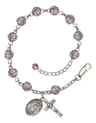 Sterling Silver 6mm Austrian Crystal Our Lady of Victory Rosary Bracelet in Light Amethyst Engraved Catholic Saint Jewelry