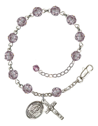 Sterling Silver 6mm Austrian Crystal Saint Cornelius Rosary Bracelet in Light Amethyst Engraved Catholic Saint Jewelry