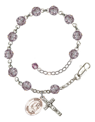 Sterling Silver 6mm Austrian Crystal Saint Regis Rosary Bracelet in Light Amethyst Engraved Catholic Saint Jewelry