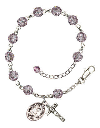 Sterling Silver 6mm Austrian Crystal Saint Jeanne Chezard de Matel Rosary Bracelet in Light Amethyst Engraved Catholic Saint Jewelry