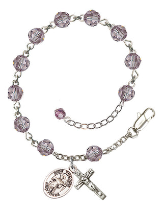 Sterling Silver 6mm Austrian Crystal Saint Theodore Stratelates Rosary Bracelet in Light Amethyst Engraved Catholic Saint Jewelry