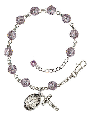 Sterling Silver 6mm Austrian Crystal Our Lady of Good Help Rosary Bracelet in Light Amethyst Engraved Catholic Saint Jewelry