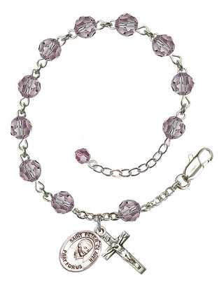 Sterling Silver 6mm Austrian Crystal Saint Peter Claver Rosary Bracelet in Light Amethyst Engraved Catholic Saint Jewelry