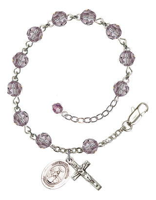 Sterling Silver 6mm Austrian Crystal Saint Medard of Noyon Rosary Bracelet in Light Amethyst Engraved Catholic Saint Jewelry