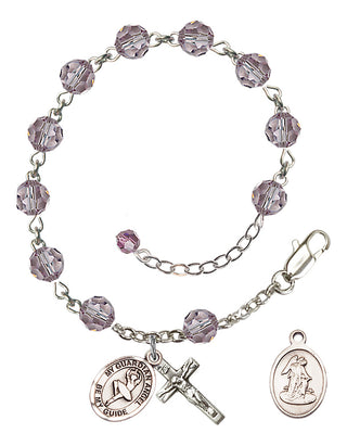 Sterling Silver 6mm Austrian Crystal Guardian Angel/Dance Rosary Bracelet in Light Amethyst Engraved Catholic Saint Jewelry