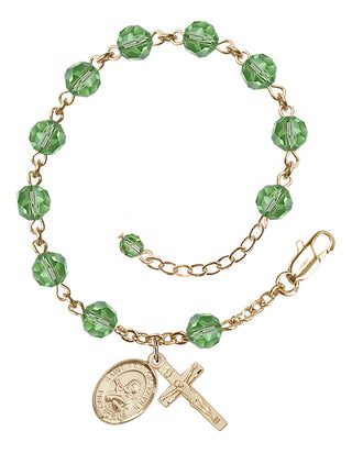 14kt Gold-Filled 6mm Austrian Crystal Saint Francis Xavier Rosary Bracelet in Peridot Engraved Catholic Saint Jewelry