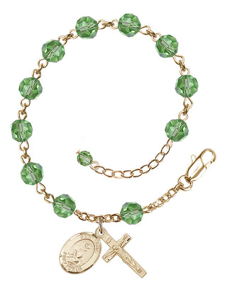 14kt Gold-Filled 6mm Austrian Crystal Saint Louis Rosary Bracelet in Peridot Engraved Catholic Saint Jewelry