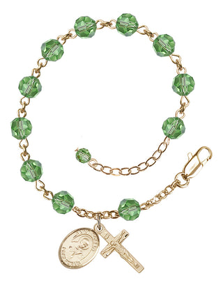 14kt Gold-Filled 6mm Austrian Crystal Saint Robert Bellarmine Rosary Bracelet in Peridot Engraved Catholic Saint Jewelry