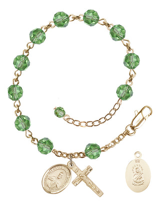 14kt Gold-Filled 6mm Austrian Crystal Scapular Rosary Bracelet in Peridot Engraved Catholic Saint Jewelry
