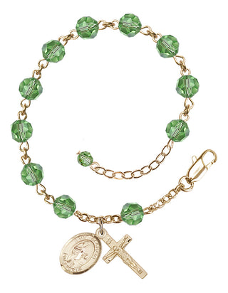 14kt Gold-Filled 6mm Austrian Crystal Saint Zachary Rosary Bracelet in Peridot Engraved Catholic Saint Jewelry