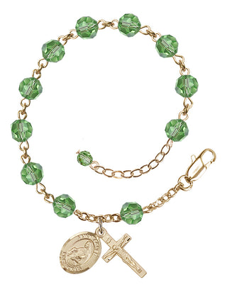14kt Gold-Filled 6mm Austrian Crystal Saint Agnes of Rome Rosary Bracelet in Peridot Engraved Catholic Saint Jewelry