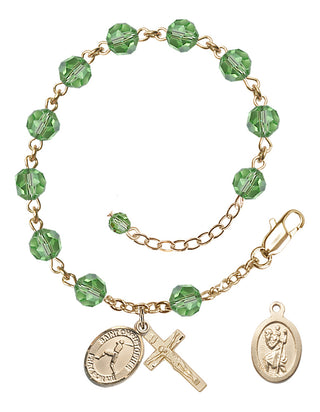 Adjustable 14 Karat Gold-Filled 6mm Austrian Crystal Saint Christopher/Baseball Rosary Bracelet in Peridot