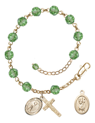 Adjustable 14 Karat Gold-Filled 6mm Austrian Crystal Saint Christopher/Golf Rosary Bracelet in Peridot